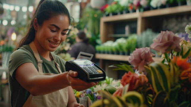 Smiling florist in apron processing payment with card reader in floral shop. Retail technology and customer interaction in a small business setting.