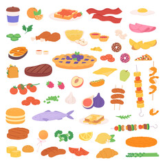 Isolated food icons set. Breakfast lunch dinner products and meals. Burger sandwich pie bread buns peach apple fish meat steak sausages vegetables vector set