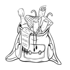 a backpack with festive accessories. Champagne, a box of chocolates, a scarf, a plaid. Merry Christmas, Happy New year, winter holidays. Outline, coloring book. Black and white. Vector illustration.