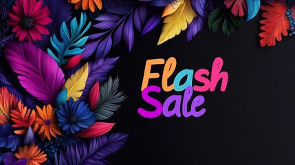 Obraz premium Colorful flowers and leaves surround the words 'Flash Sale' on a black background.