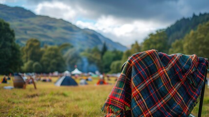 Plaid blanket on chair at outdoor festival set in a scenic mountain landscape. perfect for concepts of outdoor recreation, relaxation, and natural beauty.