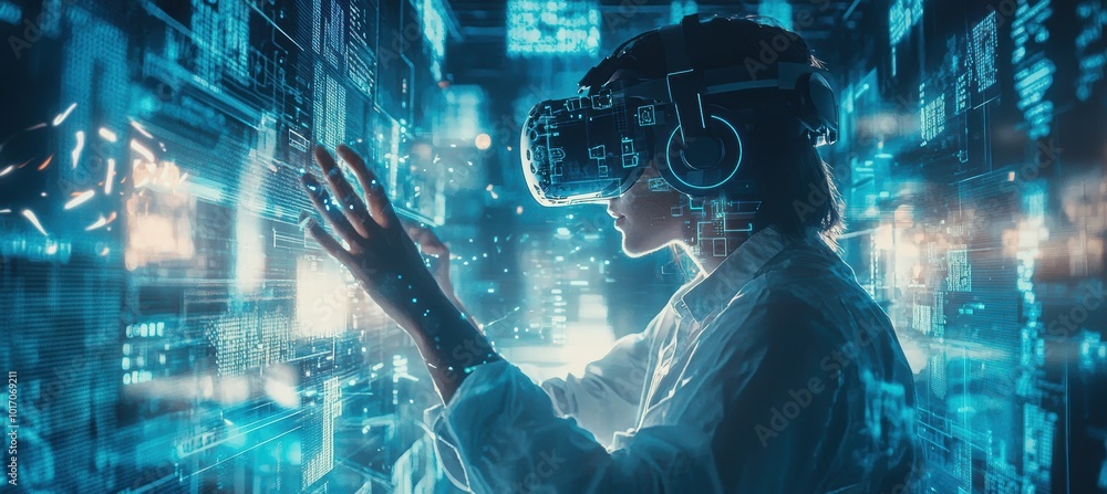 Poster professional immersed in futuristic vr workspace for enhanced 3d interface interaction