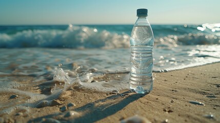 Plastic bottle on sandy beach with ocean waves in the background. pollution awareness and environmental impact discussions.