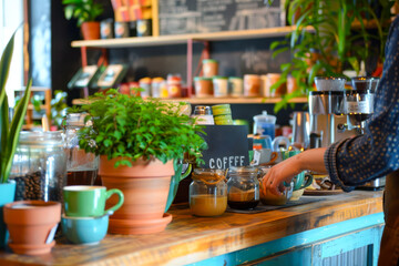 Cozy coffee shop interior with barista preparing drinks