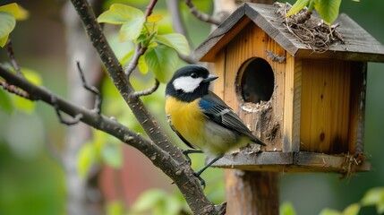 Fototapeta premium Colorful bird perched on a branch beside a wooden birdhouse in a lush garden setting. nature observation, birdwatching, and wildlife photography opportunities.