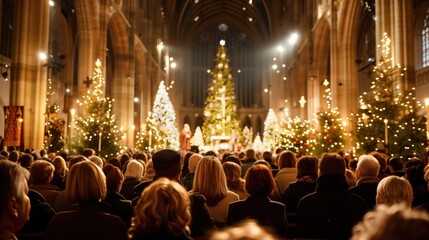 Fototapeta premium Crowded christmas church service with festive decorations and lights. community, faith, and holiday traditions.