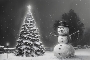 Obraz premium Enchanting Winter Scene with a Snowman and Christmas Tree in a Snowy Landscape