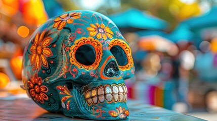 Fototapeta premium Colorful Day of the Dead skull with intricate floral patterns in vibrant setting. Celebrating Mexican culture and artistry through symbolic decorations.