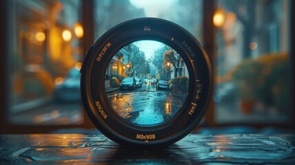 Camera lens capturing a vibrant rainy street scene with blurred background. photography, perspective, and focus in urban settings.