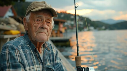 Obraz premium Elderly man in plaid shirt holding fishing rod by lakeside at sunset. tranquil outdoor scene reflecting leisure, nature, and peaceful retirement.