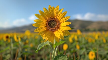 Fototapeta premium Bright sunflower standing tall in a vast field against a clear blue sky. represents nature's beauty, growth, and the essence of summer.