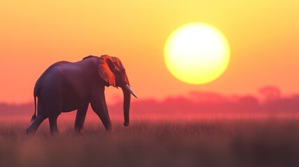 Fototapeta premium An elephant walks through a grassy landscape at sunset, creating a serene atmosphere.