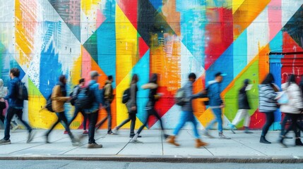 Naklejka premium Blurred pedestrians walking past vibrant geometric street art mural on urban sidewalk. city life, modern art, and dynamic urban movement theme.