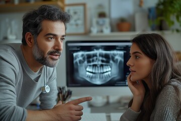 Fototapeta premium A dentist explains x-ray results to a patient during an engaging consultation session