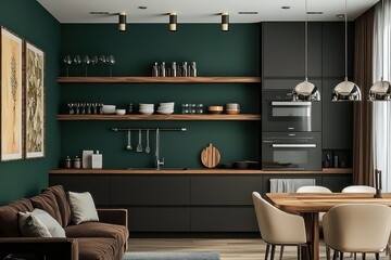 Trendy minimalist space with charcoal kitchen cabinets, wooden art shelves, jade green walls, platinum pendant lights, chocolate brown sofa, and ivory dining chairs