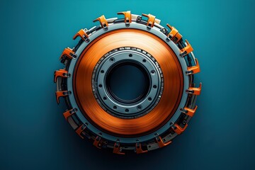 Close-up view of an electric car motor coil showcasing vibrant colors on a blue background