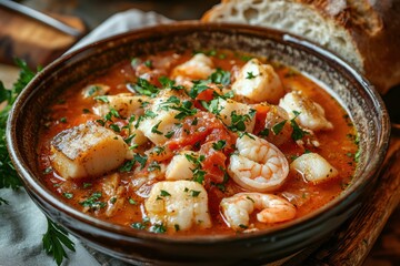 Savory Seafood Stew with Tomato Broth and Herbs Garnished with Fresh Parsley