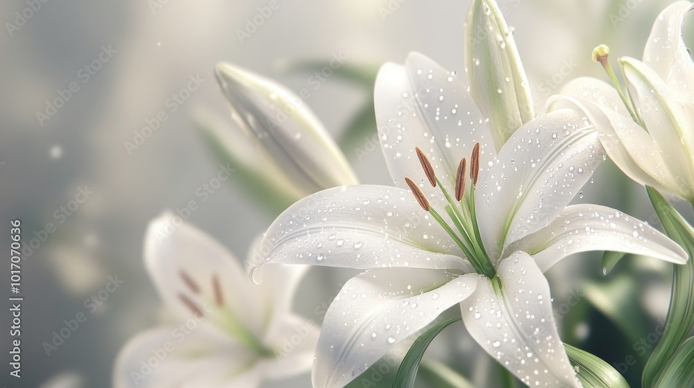 Poster close-up of white lilies adorned with droplets, creating a serene and refreshing atmosphere.