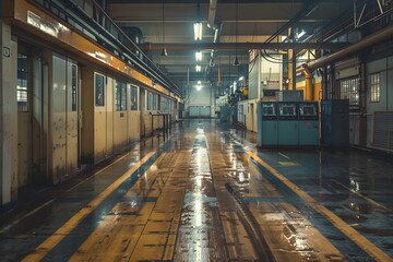 Fototapeta premium Industrial Warehouse Interior with Reflections and Dim Lighting