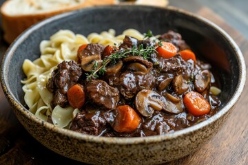 Fototapeta premium Rustic Beef Bourguignon with Mushrooms and Carrots in Rich Red Wine Sauce for Gourmet Dining