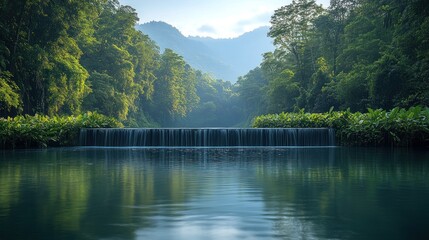 Obraz premium Tranquil waterfall cascading into a still, blue lagoon surrounded by lush green forest.