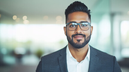 Fototapeta premium A young man in a suit and glasses smiles confidently at the camera.