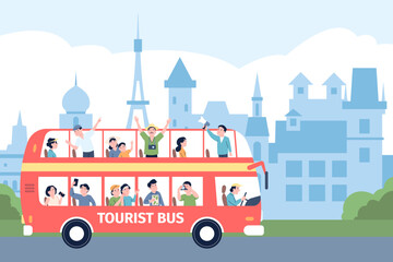 Tourists in seesighting bus tour. City excursion on red bus, travellers looking around on different buildings and sightseeing with speaker, recent vector scene © LadadikArt
