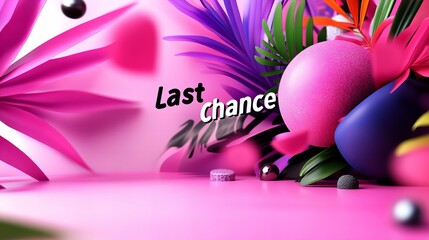 Fototapeta premium Last chance! 3D render of a colorful abstract scene with leaves and a pink sphere.