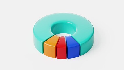 Colorful 3d pie chart animation on white background. Rendered video of animated 3d pie