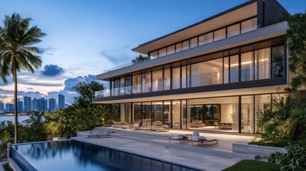 Modern luxury villa with large glass windows and a pool at sunset.