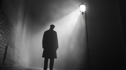 Midnight Mystery: Detective Investigating Crime Scene in Noir Aesthetic, Cinematic Suspense with Shadows and Streetlamp Light