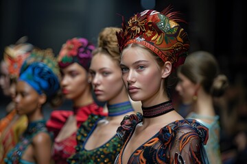 Obraz premium Stunning Fashion Showcase Featuring Models in Vibrant Headpieces and Colorful Attire