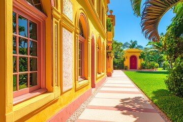 Obraz premium Trend-setting villa with pistachio window frames, a quartz terrace, and lemon walls The path is rose, leading to a garnet door, with an ivory lawn under a cerulean sky