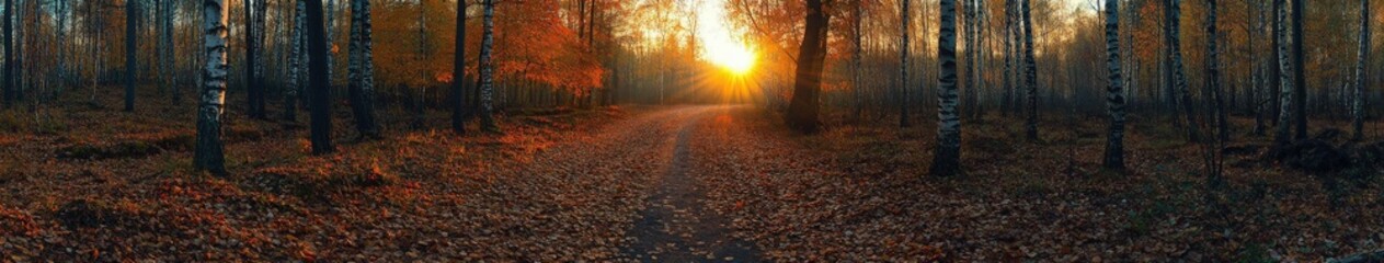 Obraz premium Autumn sunset over a serene forest path with colorful foliage