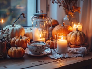 cozy tea setup with pumpkins and candles