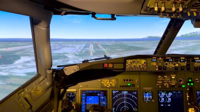 Jet approaches runway for landing. The runway is visible from the cockpit of a passenger jet. Bumpy approach. Training Flight. 