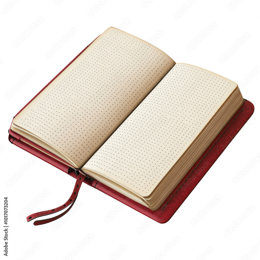Poster an open notebook with a looped spine and dotted pages resting on a plain surface, the notebook has a