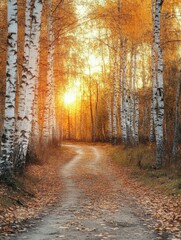 Obraz premium Golden sunset illuminating a winding path through birch trees in autumn