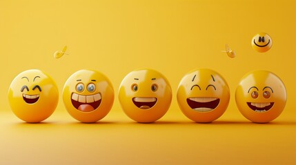 Fototapeta premium A vibrant display of cheerful yellow emoji balls, each expressing different joyful emotions against a sunny yellow backdrop. Generative AI