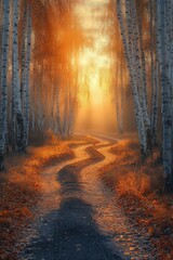 Obraz premium A winding path through a birch forest during golden hour