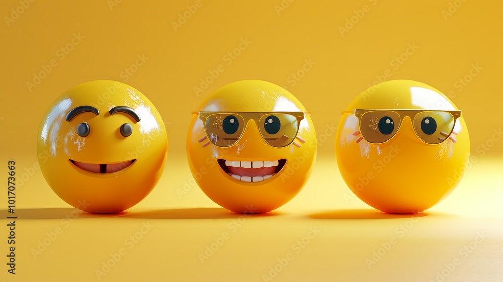 Poster three distinct yellow emoji faces with glasses showcase joyful expressions, set against a vibrant ye
