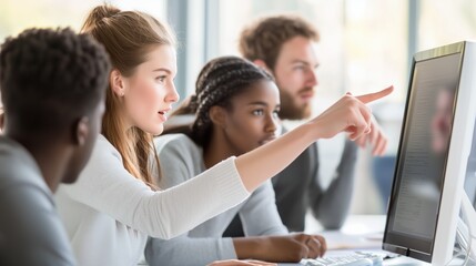 A diverse group of four customer service professionals is engaged in a collaborative task, actively discussing and pointing at the computer screen