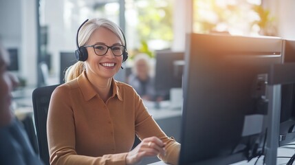 A friendly customer service representative wearing a headset engages with clients, providing assistance in a bright and modern office filled with greenery