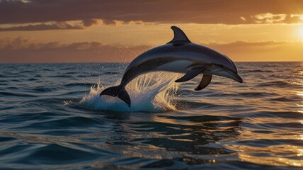 Fototapeta premium A dolphin leaps out of the water, silhouetted against a vibrant orange sunset.