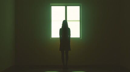 Obraz premium Midnight Mystery - Elegant Silhouette of Woman by Dimly Lit Window, Cinematic Noir Aesthetic with Shadows of Longing and Intrigue
