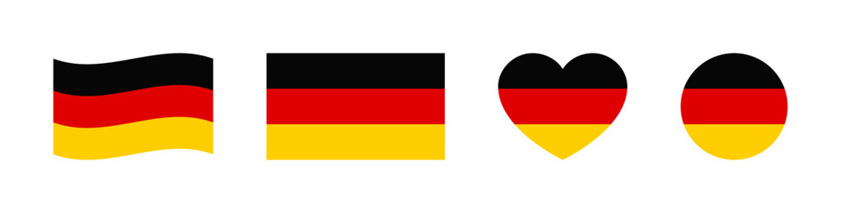 German Flag Icon Set. Flag of Germany Vector Illustration. German Flag in Heart, Circle, Waving