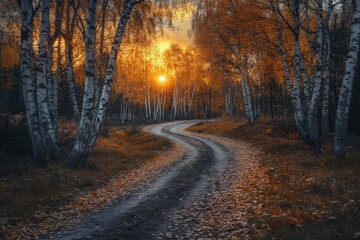 Obraz premium Winding dirt road through autumn trees at sunset near a birch forest