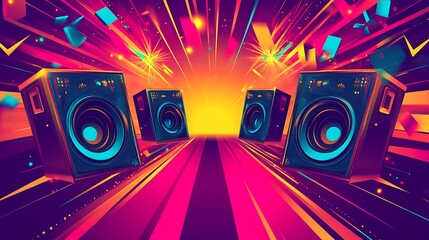 Fototapeta premium A vibrant abstract illustration with four speakers emitting a bright yellow light on a red and blue striped stage.