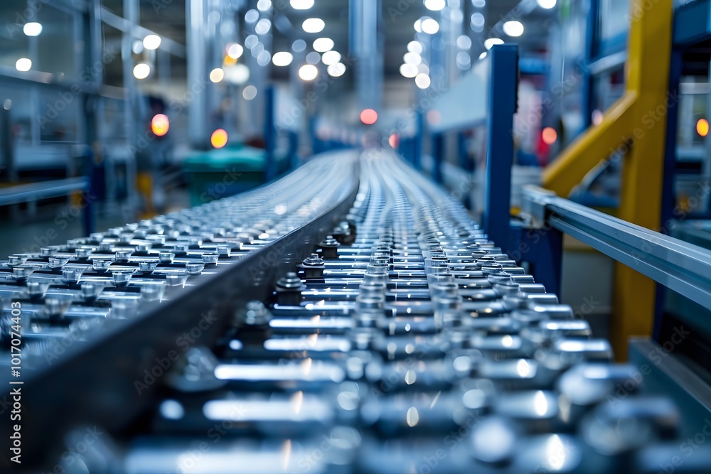 Poster automated production line with bottles on conveyor belt in a modern factory