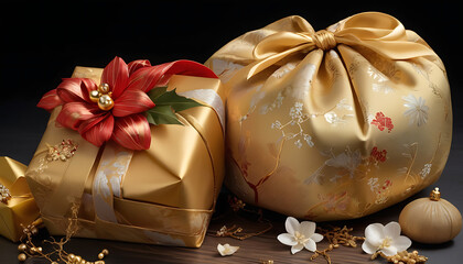 Furoshiki-wrapped gifts with decorative fabric folds, traditional Japanese gift wrapping
